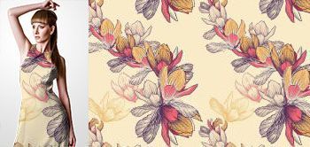 02002v Materiał ze wzorem kolorowe kwiaty magnolii w stylu retro grafika